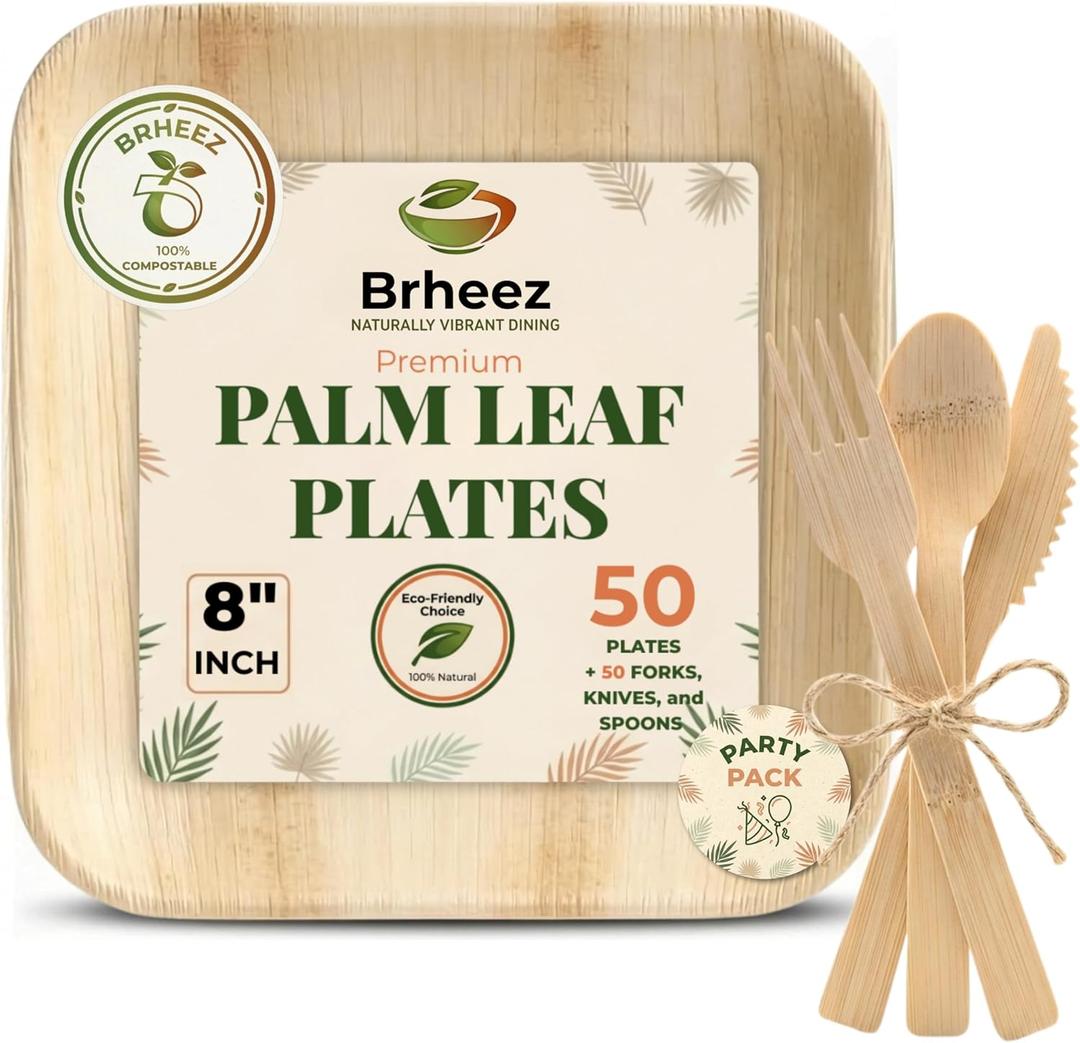 Brheez Bamboo Plates 8 inch with Cutlery: 50 Plates + 50 Forks + 50 Knives + 50 Spoons | Bamboo Plates Disposable Palm Leaf Plates |Eco Compostable Biodegradable Plates 200 peice set