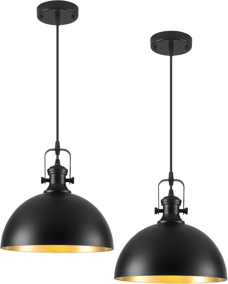Black Pendant Lights Kitchen Island 2 Pack, Farmhouse Kitchen Pendant Lights, 11.8 inches Dome Pendant Light Fixtures, Industrial Vintage Light Fixture for Kitchen Island Dining Room