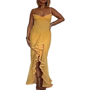 Voghtic Women's Sexy Ruched Mesh Ruffle Hem Bodycon Wedding Guest Dress Spaghetti Strap Slit Party Cocktail Maxi Dresses (Large, Yellow) Voghtic Women's Sexy Ruched Mesh Ruffle Hem Bodycon Wedding Guest Dress Spaghetti Strap Slit Party Cocktail Maxi Dresses (Large, Yellow)