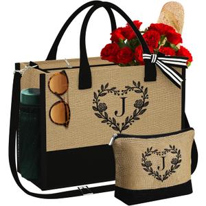 YOOLIFE Mothers Day Gifts - Initial Jute Tote Bag & Makeup Bag, Personalized Gifts for Women Mom Wife Teacher Friend Birthday
