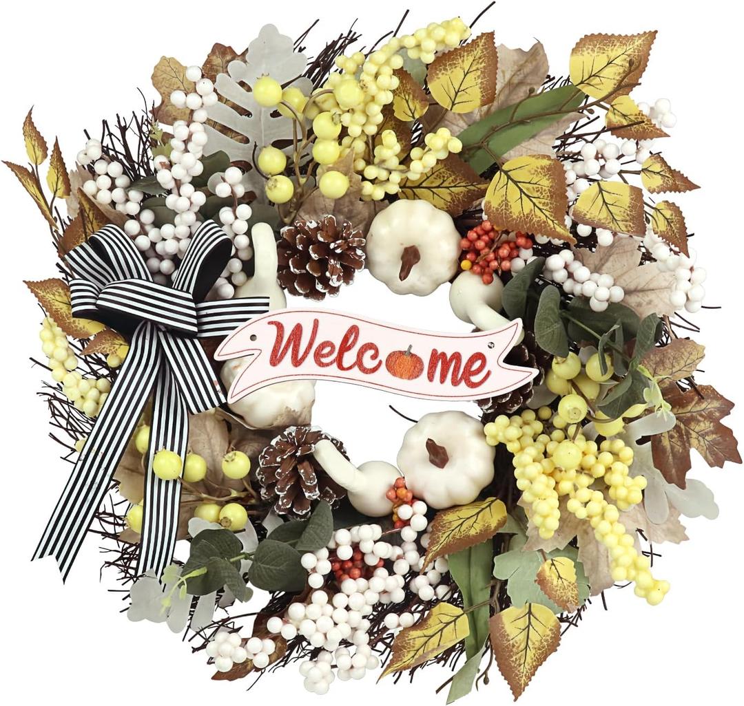 Fall Wreaths for Front Door Outside Decor, 22" White Pumpkin Berry Eucalyptus Leaves Pinecone Wreath Autumn Decorations with Bow and Hanging Sign for Thanksgiving Home Outdoor Indoor Porch Harvest