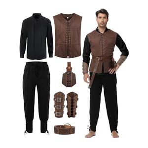 Dicxoser Renaissance Medieval Costume for Men - Pirate Viking Costume 7 Pcs Set, Medieval Renaissance Cosplay Halloween Outfit (Brown-B, 3XL)