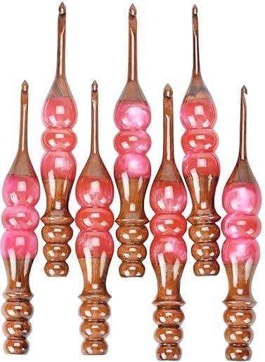 Wooden Crochet Hooks Set for Arthritic Hands | Ergonomic Soft Grip - Resin Mix Indian Rosewood Crochet Hook Set for Crocheting & Knitting (Pink, Set of 7)