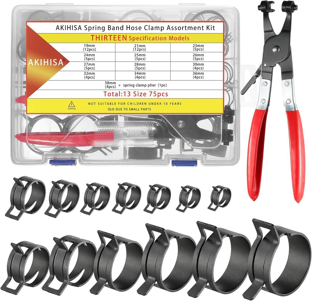 AKIHISA 75Pcs 19-38mm Spring Band Hose Clamp Assortment Kit with Hose Clamp Pliers, 13 Sizes Spring Hose Clip Fuel Line Silicone Vacuum Hose Pipe Clamp, Air Hose Tube Water Pipe Fasteners