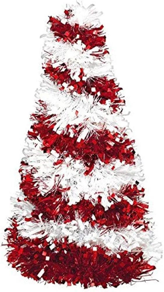 Amscan Elegant Red & White Small Candy Cane Tinsel Tree Centerpiece - 10" (1 Pc.) | Festive Tabletop Display, Sliver Star Eye-Catching Addition to Celebrations