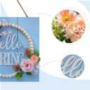 Idyllic Hello Spring Sign Wreath for Front Door, Artificial Flower Wreath with Hello Spring Wooden Sign for Farmhouse Wall Wedding Decor Window Front Porch Decor (Blue)