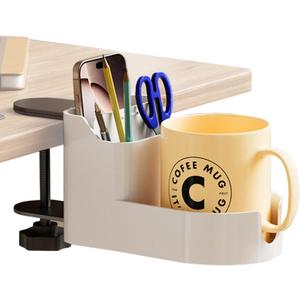 Desk Side Storage Organizer No Drill Clamp-On Laptop Holder with Pen Holder, Under Desk Storage Shelf for Home Office, Fits Flat Edge Tables 0.3"2.8", Desktop Shelf & Workspace Organizer