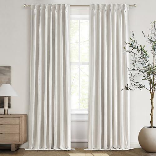QJmydeco 102 Inch Long Curtains Blackout for Bedroom 80 Inches Wide Total Each 40 3 Panels Pinch Pleated Linen Neutral Modern Farmhouse Style Window Drapes for Living Room Back Tab (Beige Ivory)