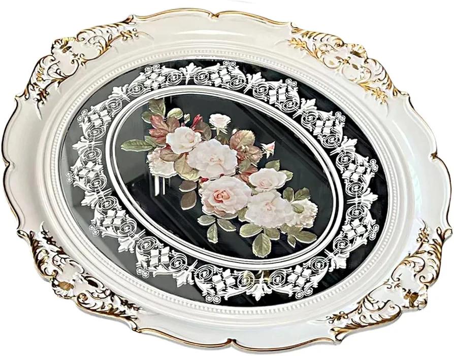 Zosenley Polyresin Ellipse Antique Emboss Decorative Mirror Tray, Makeup Organizer, Jewelry Organizer, Serving Tray, 15 * 13 Inch (Rose White) Zosenley Polyresin Ellipse Antique Emboss Decorative Mirror Tray, Makeup Organizer, Jewelry Organizer, Serving Tray, 15 * 13 Inch (Rose White)