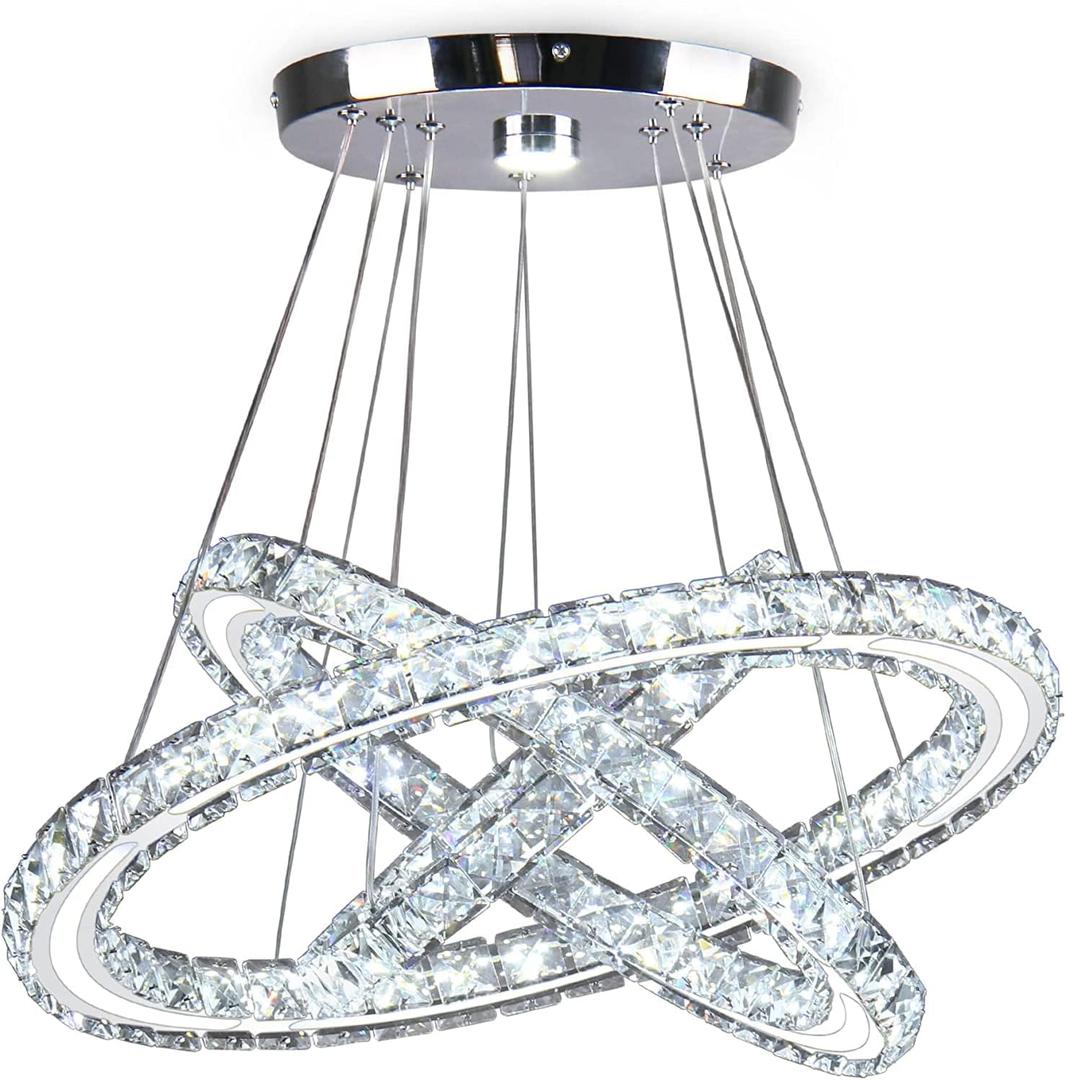 CXGLEAMING LED Chandeliers Modern Ceiling Light Fixture 3 Rings Adjustable Crystal Pendant Light Fixture Ceiling Hanging for Living Room Dining Room Bedrooms Hall 250mm Base 209 Crystals (Cool White)