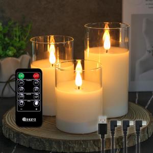 Rechargeable Flameless Candle, Flashing LED Pillar Real Wax Candle with Remote Control and Timer, Clear Glass Electronic Candles for Room Decoration, 1 Set of 3 (White Glass -Droplet)