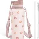 Beige Daisy Stainless Steel Water Bottle with Strap 32oz, Insulated Bottles with Straw and Spout Lid for Gym Sports Travel Outdoor, Gifts for Women Girls Birthday Christmas
