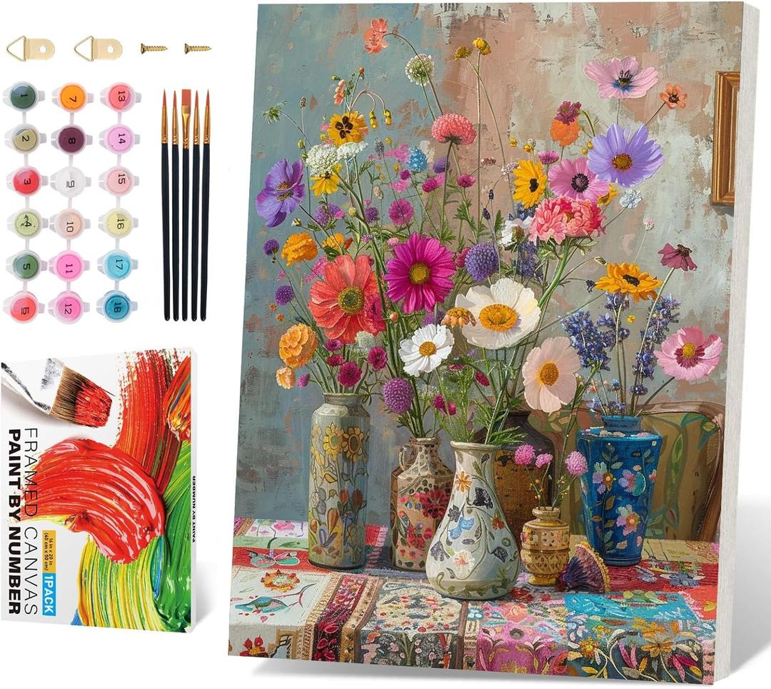 PRASIO Framed Paint by Numbers Kit for Adults Beginner, Vintage Flowers Adult Paint by Number Kits on Canvas Framed, DIY Acrylic Watercolor Oil Paint by Numbers with Frame for Home Decor 16x20 Inch (XM-OP-F-ColorfuVases-4050)
