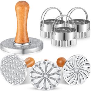 Wenqik 6 Pcs Cookie Stamps Round Metal Cookie Press with Cutter Tool Wooden Handle Mold Biscuit Embossing Stamp Mold Stamper Decorating Supplies for DIY Baking Cakes Pastries Gift (Combine)