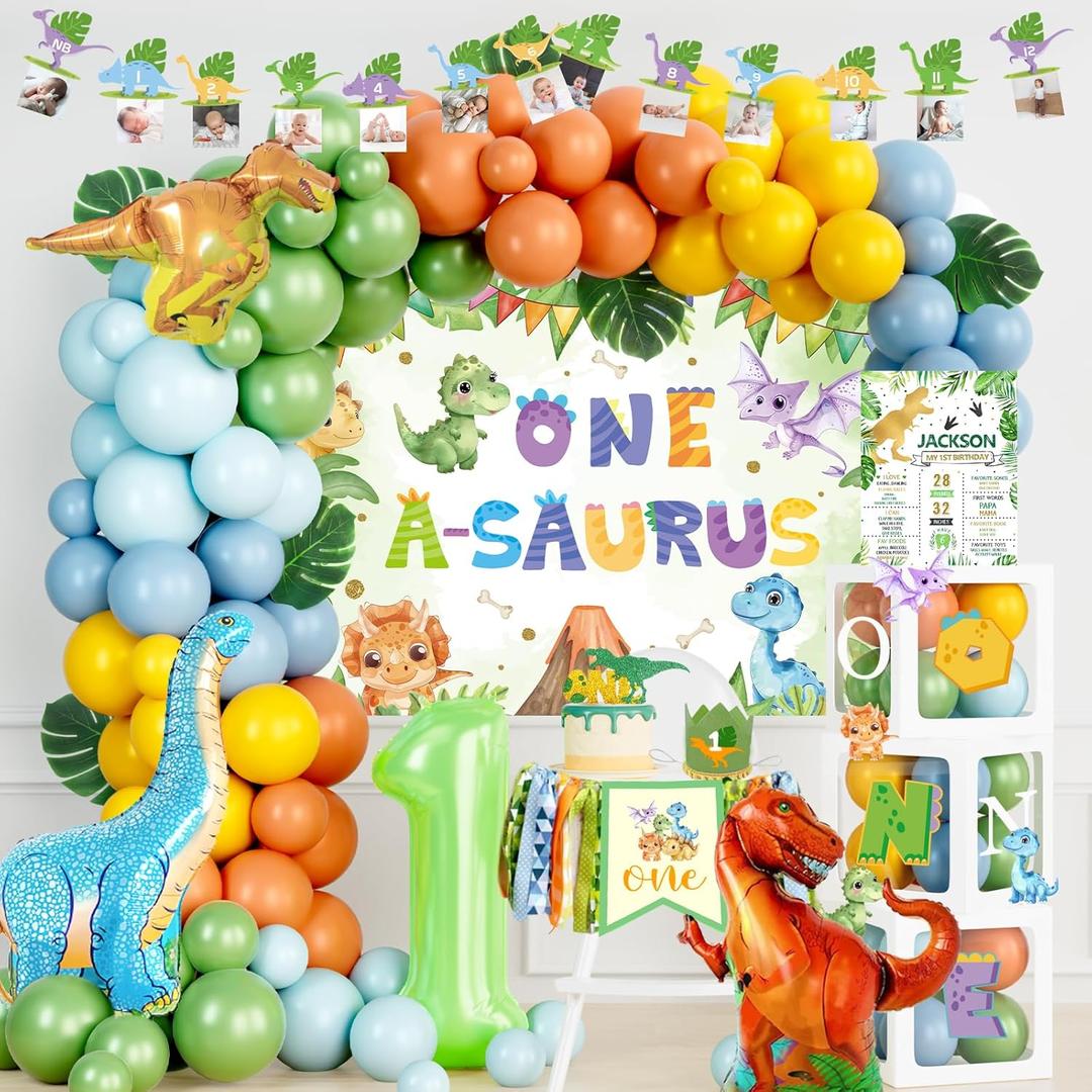 One a Saurus Dinosaur First Birthday Party Decorations - Dino Themed 1 Year Old Backdrop Banner Balloon Cake Topper Crown Box Cutouts Poster