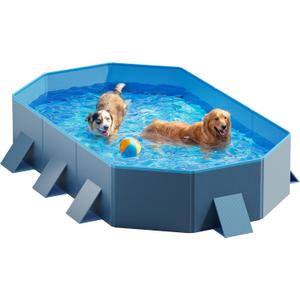 Peteast Foldable Dog Pool with Sturdy Square Design, Durable 71" Lx39 Wx12 D Extra Large Portable Pet Bathtub with Reinforced Sidewalls for Stability, Ideal for Indoor & Outdoor Use (Blue&Dark Gray)