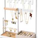 DreamGenius Jewelry Organizer Stand with Velvet Ring Holder, 4 Tier Jewelry Holder Organizer with 15 Hooks for Necklaces and 16 Holes for Earrings, White