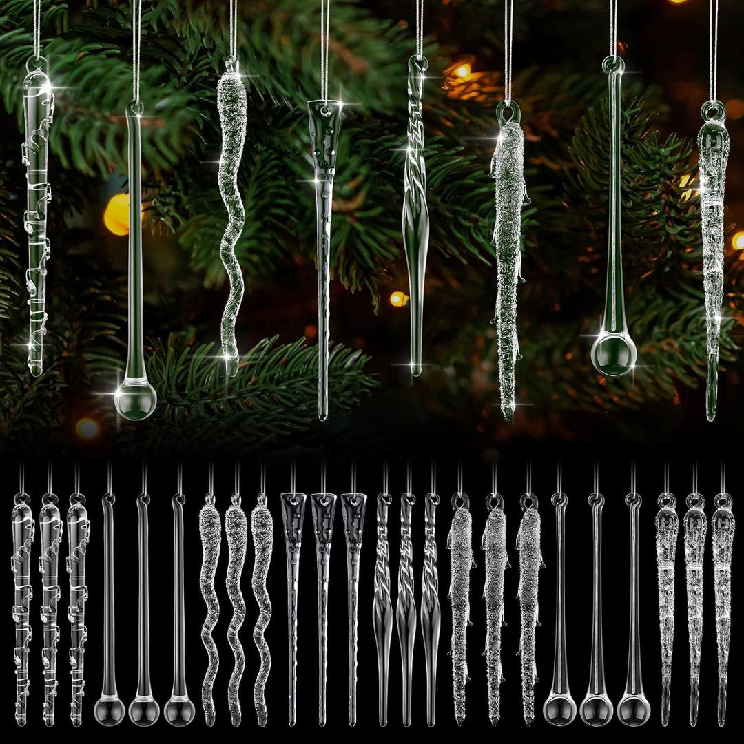 24 Pcs Glass Icicle Teardrops Ornament for Christmas Tree Crystal Handmade Clear Icicles Hanging Icicle Winter Decoration for Xmas Winter Holiday Wedding Party Decor (5.9 Inches)