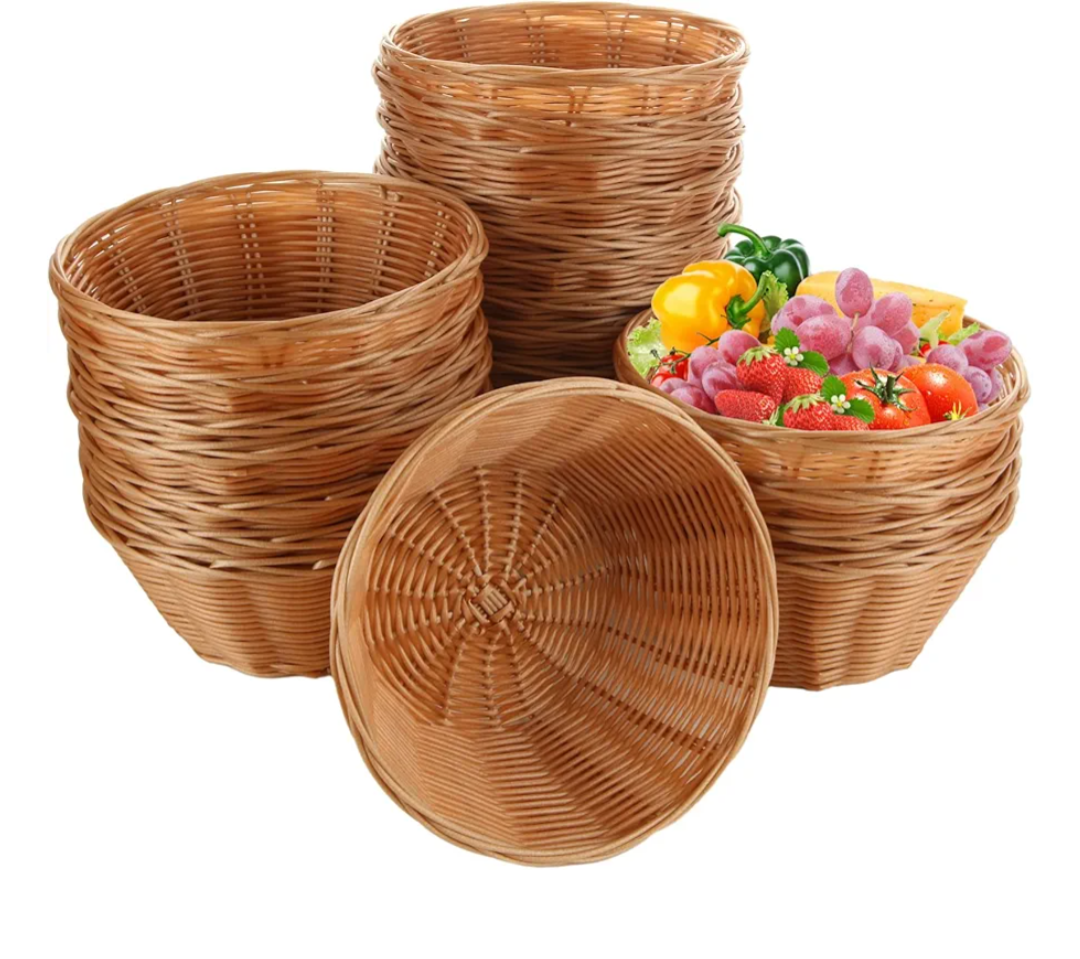 12 PCS  Woven Bread Basket, 7 Inch Plastic Round Basket Small Gift Baskets, Food Storage Basket Bread Baskets for Serving, Vegetables, Fruits, Snacks and Crafts, Natural