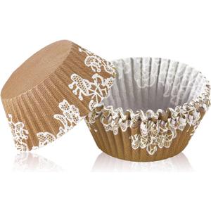 Funtery 300 Pcs Wedding Cupcake Liners Bridal Shower Rustic Lace Cupcake Wrappers Fall Muffin Liners Baking Cups Greaseproof for Baby Shower Christmas Birthday Party Anniversaries Decorations, Brown