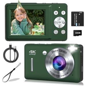Digital Camera, 44MP Compact Camera, FHD 1080P Point and Shoot Digital Cameras with 16X Zoom, Face Detect, Smile Capture, Anti Shake, for Boys Girls Teens Gifts (Deep Green)