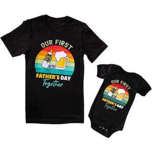 Xumplo First Fathers Day Shirt for Daddy and Me Matching Outfits Mens T-Shirt Baby Rompers 100% Cotton Pack of 2 (XL）