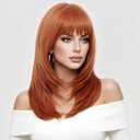 Rugelyss Long Auburn Wig with Bangs Layered Curly Copper Red Wigs for Women Natural Ginger Synthetic Wigs for Daily Use