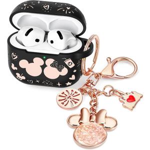 (with Cute Keychain) Girovo Compatible with Apple Airpods 4 Case 2024 Women, Soft Silicone Two-Tone Funny Cartoon Engraved Portable 360 Full Protection Anti-Scratch Air pod 4 Case Black/Pink