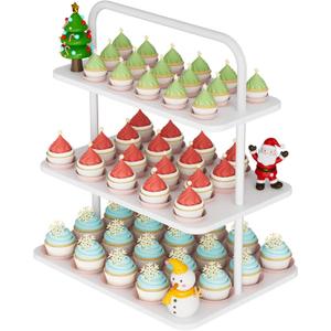 Cupcake Stand, 3-Tier Dessert Stand for 52 Cupcakes, Wood & Metal Tower Display Premium Holder Dessert Tree Tower for Christmas Birthday Weddings Party Decor, Serving Tray, White
