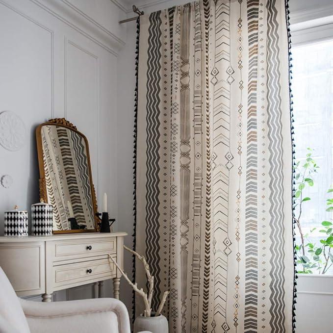 ColorBird Geometric Semi Blackout Window Curtains 2 Panels Tribal Style Cotton Linen Blackout Curtains with Black Fringed Tassel Rod Window Curtains for Living Room Bedroom, 140W x 213cm, 1 Pair