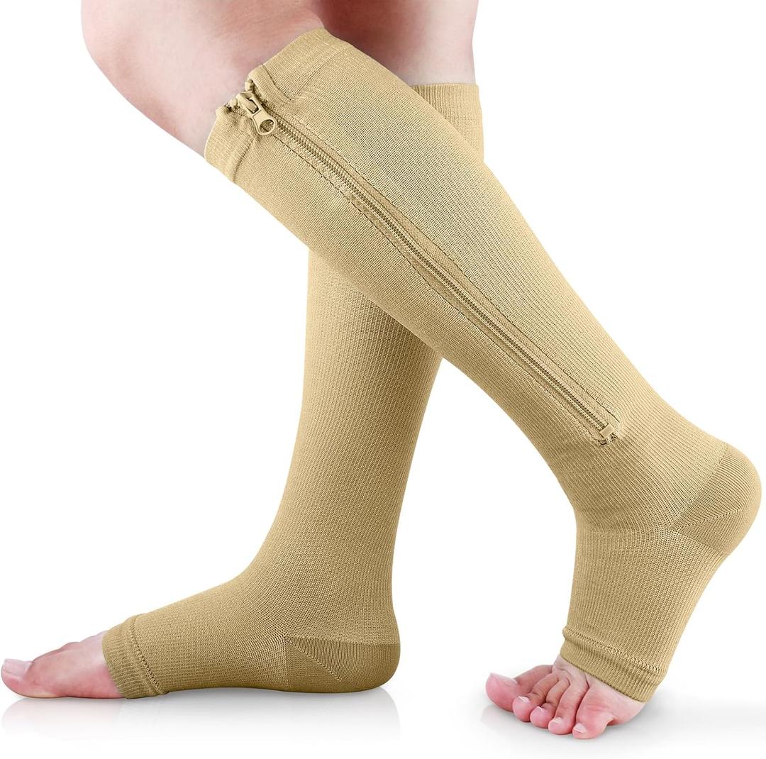 Ailaka Medical Compression Socks with Zipper, Knee High 15-20 mmHg Compression Socks for Women Men, Open Toe Support Socks for Varicose Veins, Edema, Recovery, Pregnant, Nurse