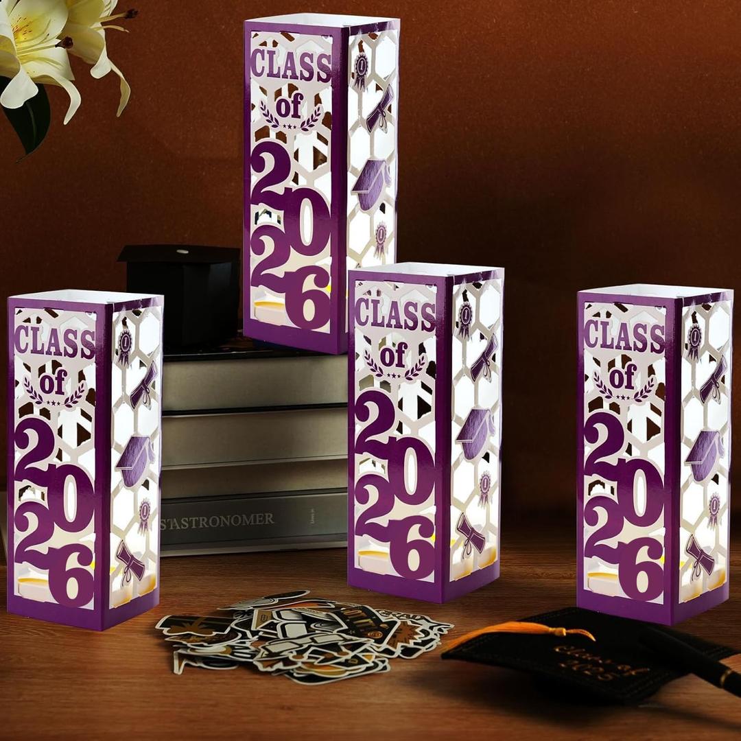 12 Pcs Light Up Graduation Centerpieces- Class of 2026 Graduation Decorations Lantern Boxes for College High School Congrats Graduation Party Supplies(Purple)