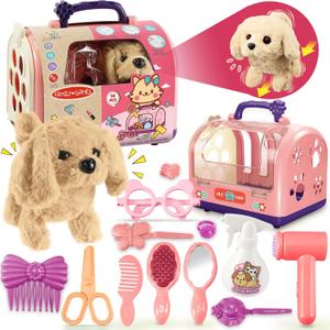 TEUVO 14Pcs Dog Toys for Girls Kids 3 4 5 6 8 Year Old, Walking Barking Electronic Interactive Stuffed Dog Plush & Carrier Accessories Pet Care Playset Grooming Toy Pretend Play Gifts for Little Girls