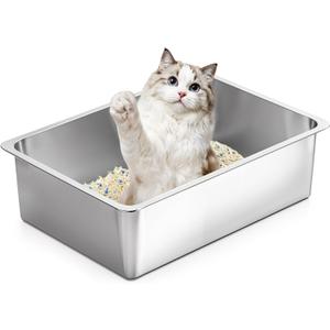 Kirecoo Stainless Steel Cat Litter Box, Large Metal High Sided Cat Pan Box, Indoor Litter Tray, Non Stick, No Smell, Easy to Clean, Pet Toilet Supplies for Cats (19.5*13.6*5.96)