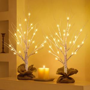 Lighted Birch Tree Christmas Decorations, 2Pack 2FT USB Rechargeable Tabletop Tree with LED Lights, Pre-Lit Artificial Mini Money Trees for Home Centerpiece Fireplace Party Decor(Timer) (Rechargeable 24in x 2pcs)