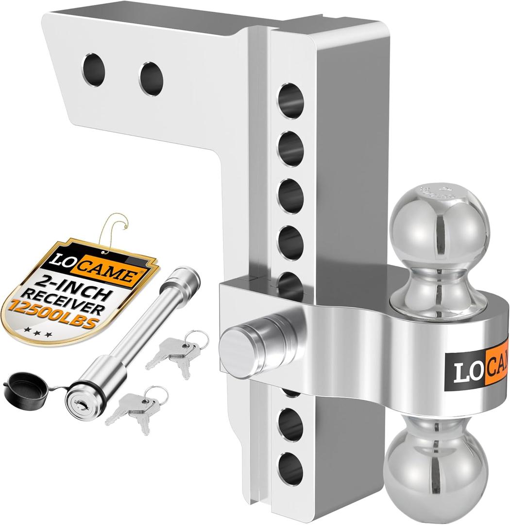 LOCAME Adjustable Trailer Hitch, Fits 2-Inch Receiver, 8-Inch Drop/Rise Aluminum Drop Hitch, 12,500 LBS GTW-Tow Hitch for Heavy Duty Truck with Double Stainless Steel Locks, Silver, LC0004