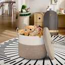 HONCESTA 18" X 14" Large Wicker Basket with Lid, Blanket Basket Living Room, Woven Cotton Rope Storage Bin, Kids Dog Toy Storage Bin Box, Tall Laundry Hamper, Blankets Pillows Organizer Holder