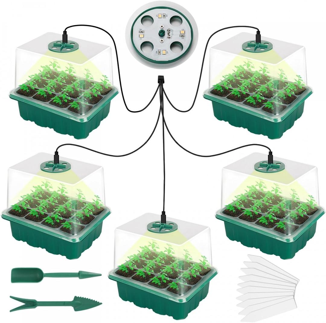 5pcs 60 Cells Seed Starter Tray with Grow Light Indoor Seeds Starter Kit with Lid Plastic Planting Trays Mini Greenhouse Garden