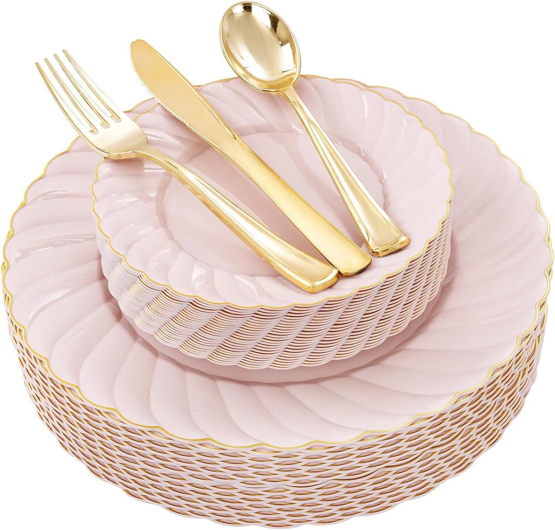 YOUBET 125Piece Pink Plastic Plates with Gold Rim  Scalloped Plastic Plates Set Includes 50 Dinner & Dessert Plate, 75 Gold Silverware for Wedding Birthday Parties & Baby Shower