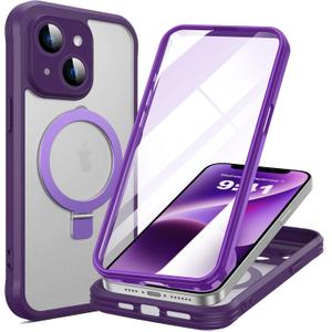 for iPhone 14 Plus Case with Invisible Magnetic Stand, Compatible with Mag-Safe Translucent Matte with Built-in Screen Protector, Shockproof Protective Phone Case for Women Men, Purple