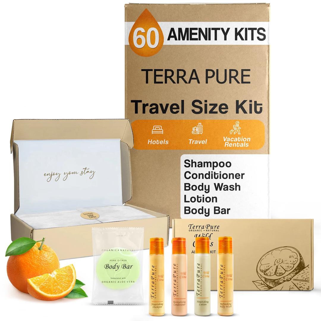 Terra Pure Amenity Kit | Boxed Hotel Toiletries | Bulk Set 1oz Travel Size Shampoo, Conditioner, Lotion, Body Wash & Bar Soap for Guest Hospitality AirBnB/Vacation Rentals | 60 sets per case