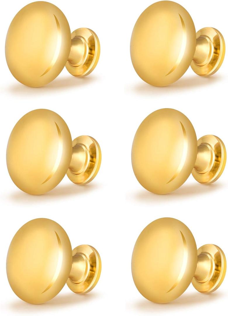 6 Pack Polished Gold Cabinet Knob Solid Kitchen Drawer Hardware,Antique Gold Drawer Dresser Round Knob Euro Style Furniture Hardware,Diameter:1-1/5 "