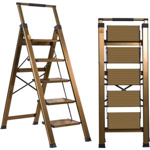 XinSunho 5 Step Ladder, Aluminum 5 Step Stool with Retractable Handrail and Anti-Slip Wide Pedal, Folding Stool Ladders 5 Steps, 330lbs Safety Household Slim Ladder (Brown Gold)