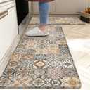 Boho Kitchen Rugs Set 2 Memory Foam Colorful Ceramic Comfort Tile Floor Mat Anti Fatigue Non-Skid PVC Runner Rug Water & Oil Proof Carpet for Kitchen Laundry Sink,17.3x28+17.3x47 Inch, C3