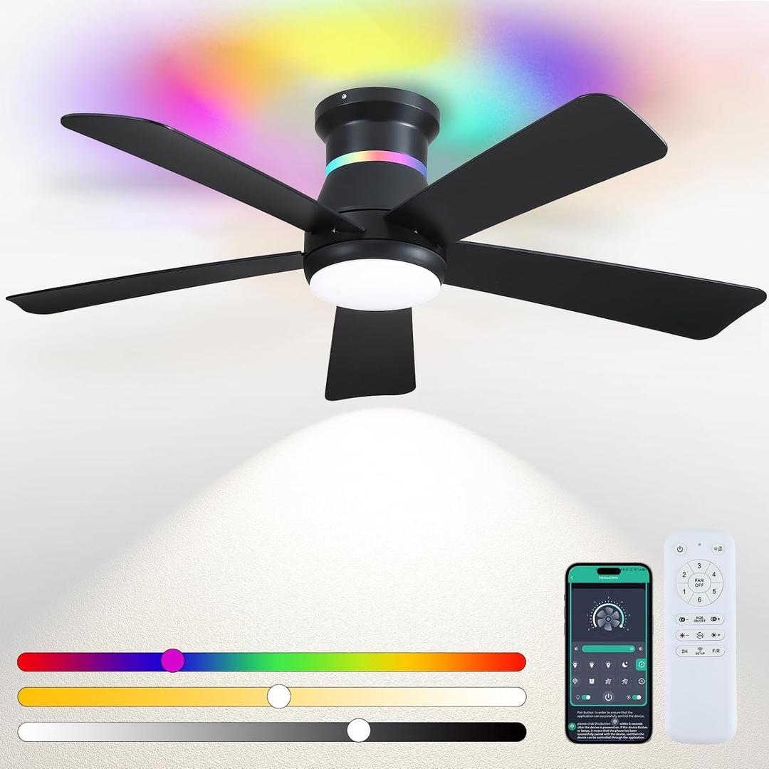 46" Black Ceiling Fans with RGB Lights - Flush Mount Ceiling Fan Light with LED 3CCT Dimmable, Modern Low Profile Ceiling Fans for Indoor Party,Covered Outdoor