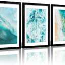 RUURUU Solid Wood Framed Ocean Wall Art Set of 3 Coastal Beach Canvas Prints with Sea Wave Surfing Poster Pictures Modern Nautical Painting Decor for Living Room Bathroom Home Office 16x24inches