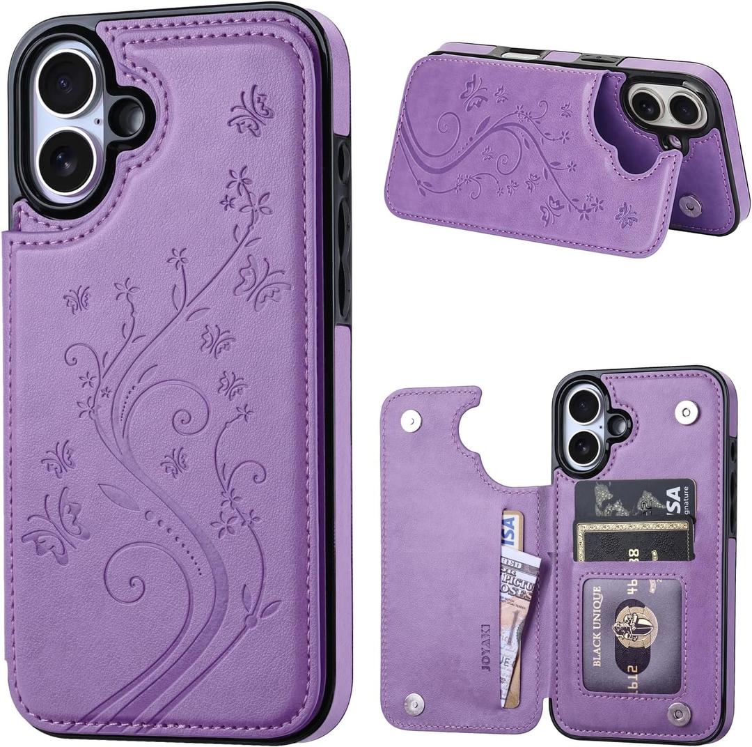 Wallet Case Compatible with iPhone 16 6.1, Slim Protective Case with Card Holder,Premium PU Leather Kickstand Card Slots Case with Double Magnetic Clasp-Purple