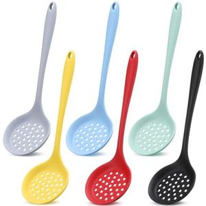 Jingmore 6 Pcs Silicone Slotted Spoons Large Skimmer Spoons for Cooking Kitchen Ladle Strainer Heat Resistant Non Stick Silicone Strainer for Straining Vegetables, Pasta and More