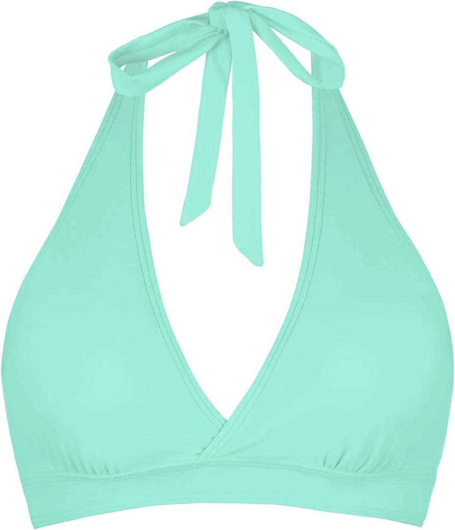 Women's Supportive Halter Bikini Padded Push Up Ruched Bust Hook Back Swimsuit Bathing Suit Tops Only (X-Large, Mint)