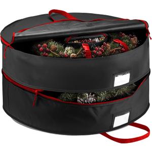 ZOBER Christmas Wreath Storage Container 30 Inch - Wreath Bag Fits 2 Wreaths Box - 600D Oxford Fabric - Interior Compartment for Storing Garlands, Wreaths Storage Bag W Strong Durable Handles - Black